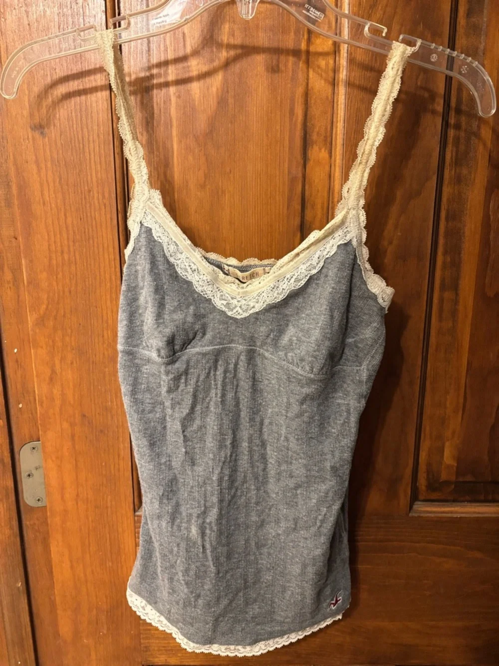 Hollister Gray Tank Top with Cream Lace Trim - Picture 1 of 3